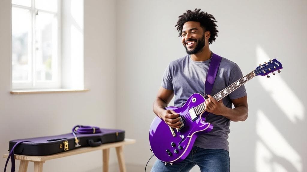 Purple guitars displayed under calibrated lighting